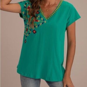 Soft Surroundings Southwestern Embroidery Sequin V-Neck Tee